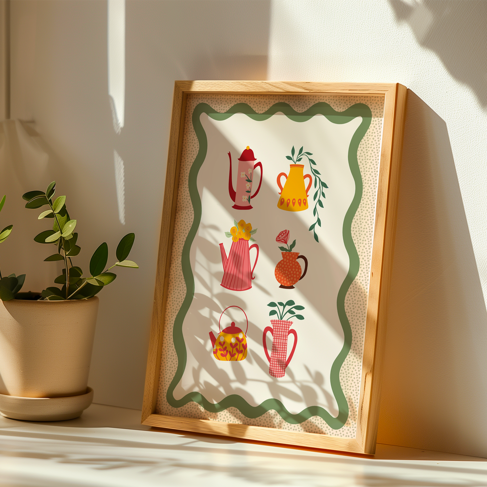 Illustrations of different colourful pots and vases with floral patterns or flowers in them, sat on a cream background with a green wavy border.