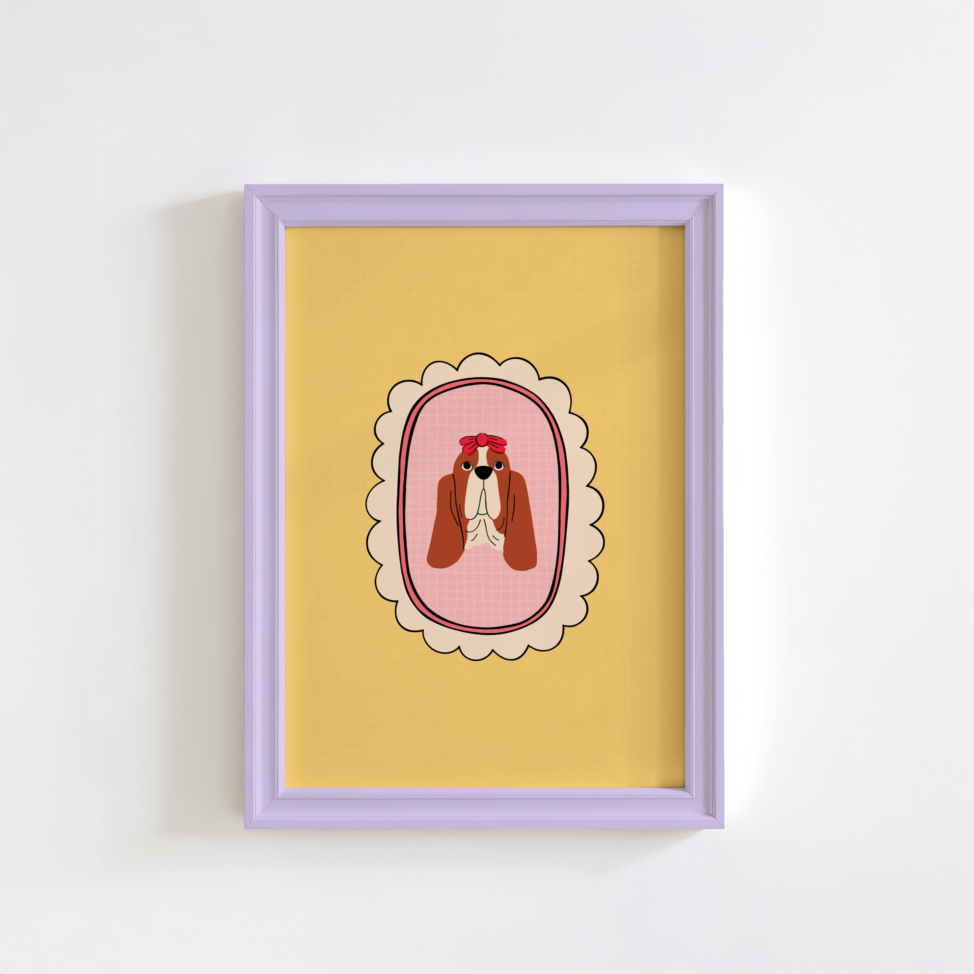 An illustrated art print of a basset hound with long floppy ears wearing a red bow, set against a yellow background with a decorative scalloped frame.