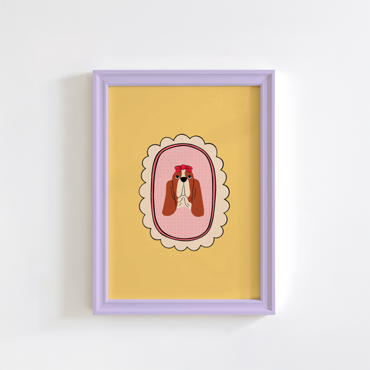 An illustrated art print of a basset hound with long floppy ears wearing a red bow, set against a yellow background with a decorative scalloped frame.