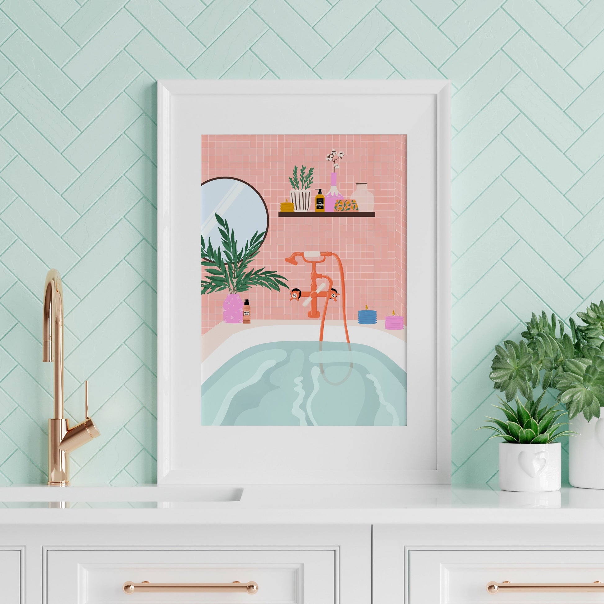 A bathroom illustration print, in shades of orangey pink, blue and green.