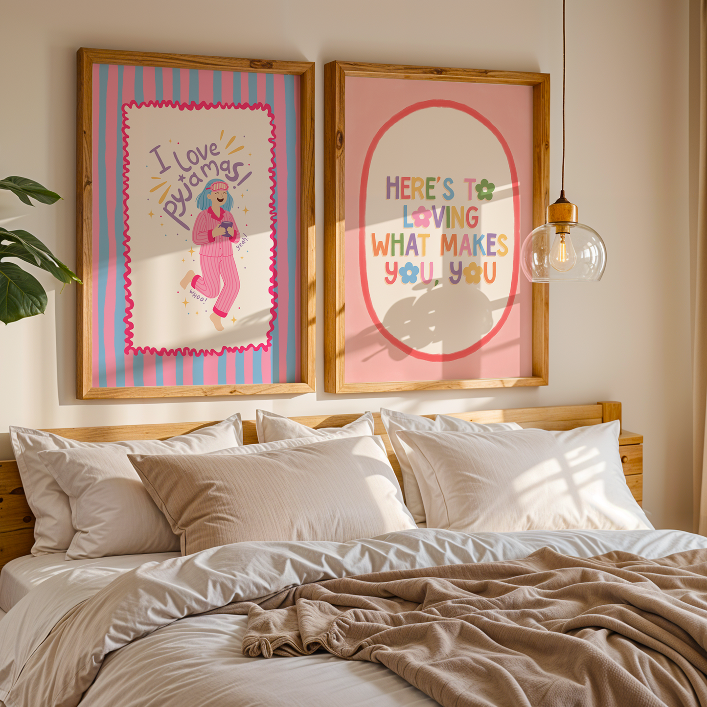 Two bedroom themed prints with fun colourful quotes.
