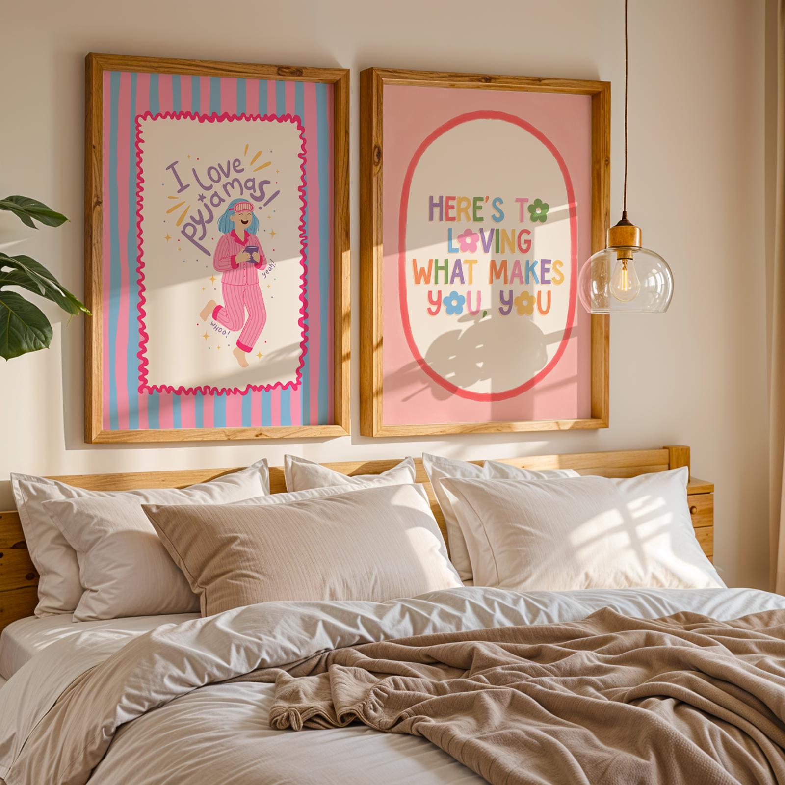 Two bedroom themed prints with fun colourful quotes.