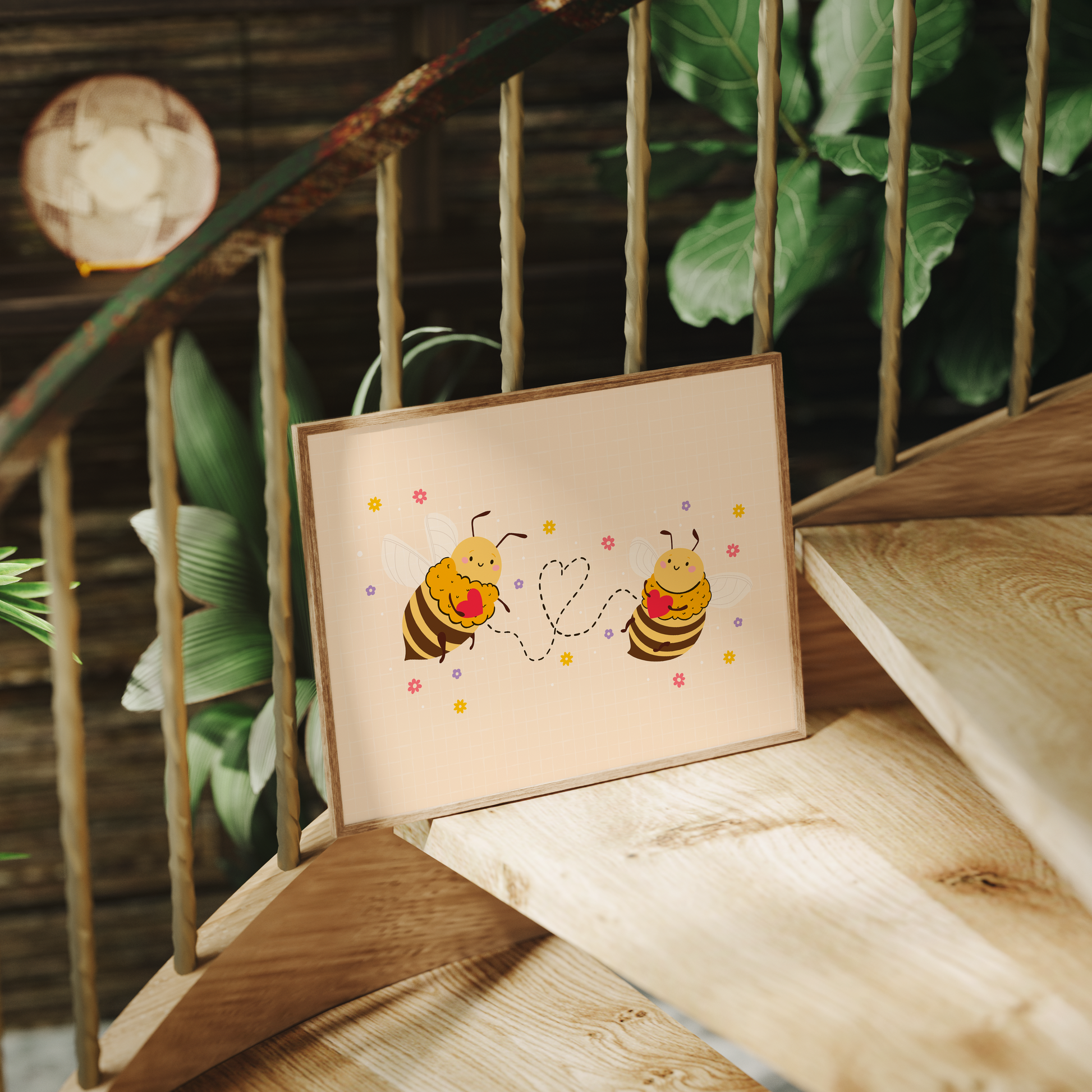 An illustrated print of two bumblebees holding red love hearts, with a dotted heart connecting the two. The bees are smiling with little pink rosy cheeks.
