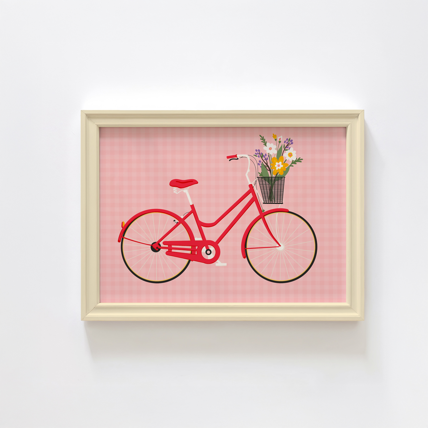 An illustrated print of a red bike with a basket, which is full of bright colourful flowers. The background of the print is a warm pink gingham pattern.