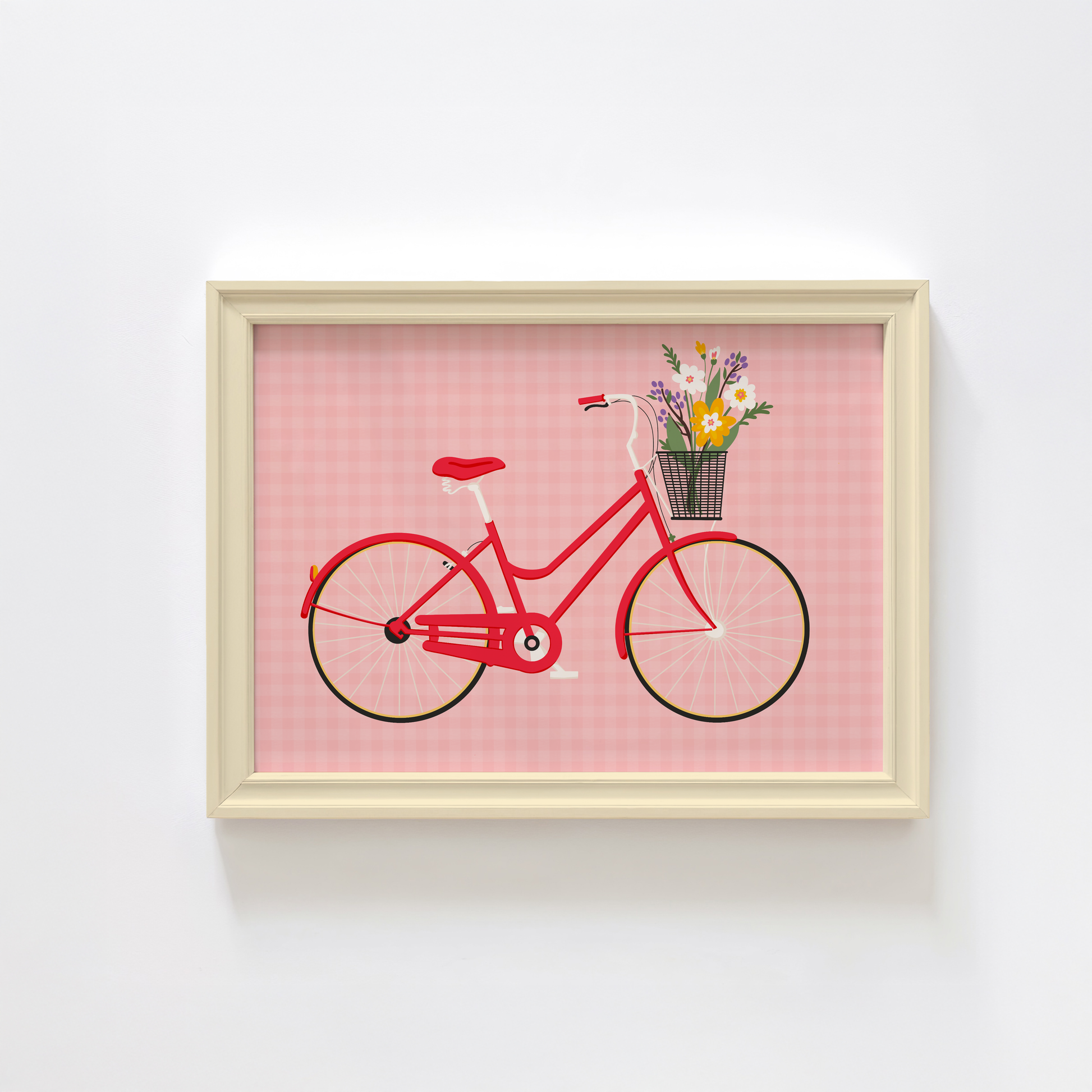 An illustrated print of a red bike with a basket, which is full of bright colourful flowers. The background of the print is a warm pink gingham pattern.