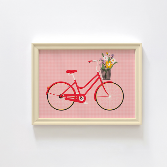 An illustrated print of a red bike with a basket, which is full of bright colourful flowers. The background of the print is a warm pink gingham pattern.