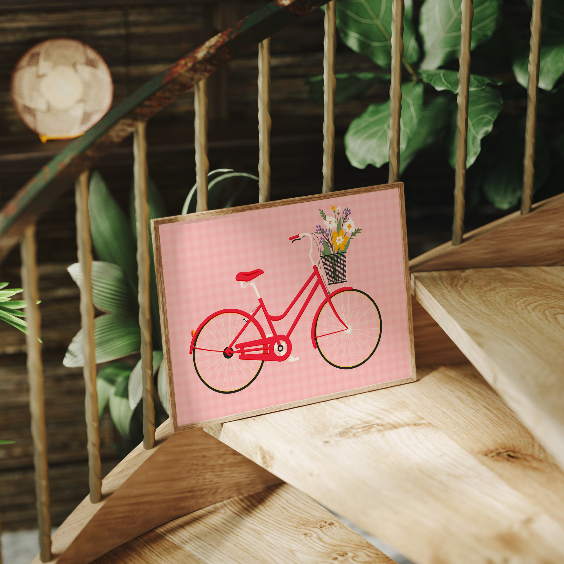 An illustrated print of a red bike with a basket, which is full of bright colourful flowers. The background of the print is a warm pink gingham pattern.