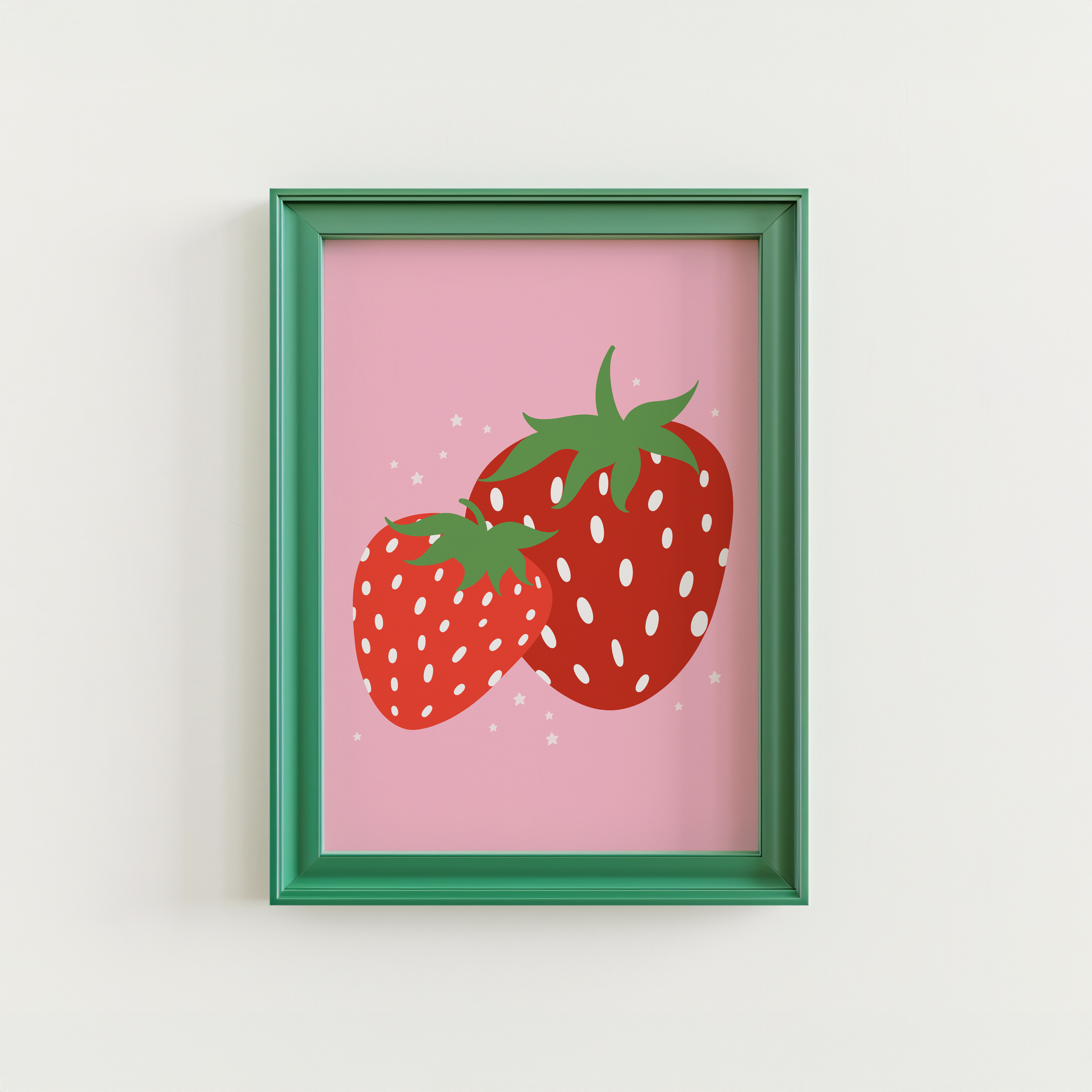 An illustration of two red strawberries, on a pink background.