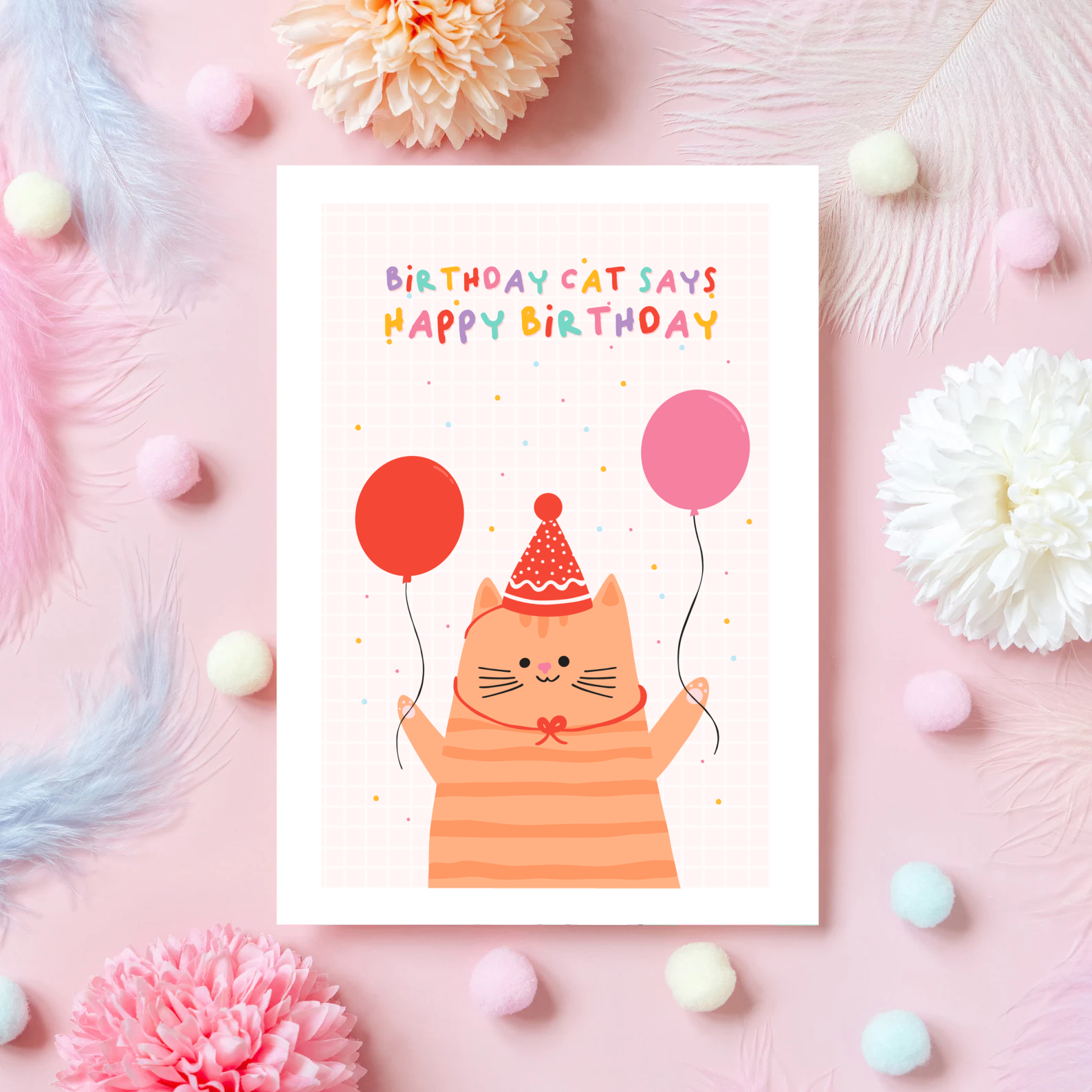 A birthday card, with a cat wearing a party hat and holding balloons. The text reads, birthday cat says happy birthday.