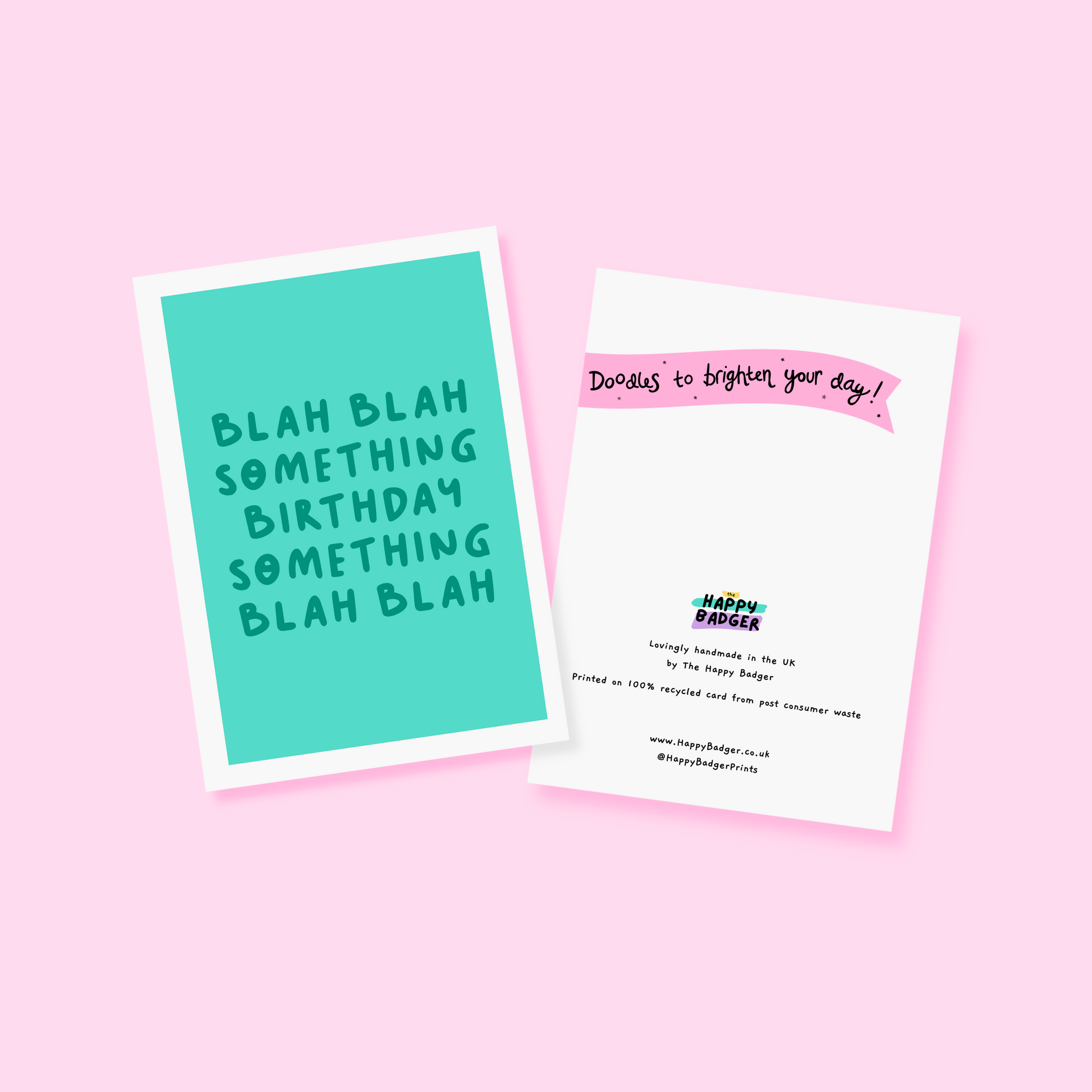 A birthday card, in green, saying blah blah something birthday something blah blah