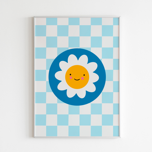 An illustration of a light blue checkerboard print, with a smiling daisy in a dark blue circle, shown in a frame.