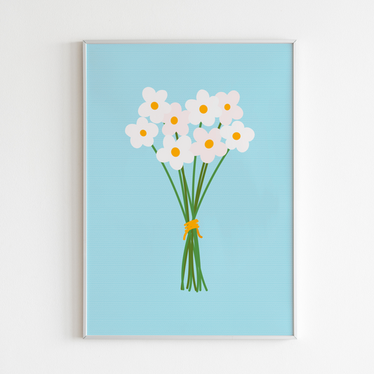 An illustration of a bunch of white daisies, on a blue background.