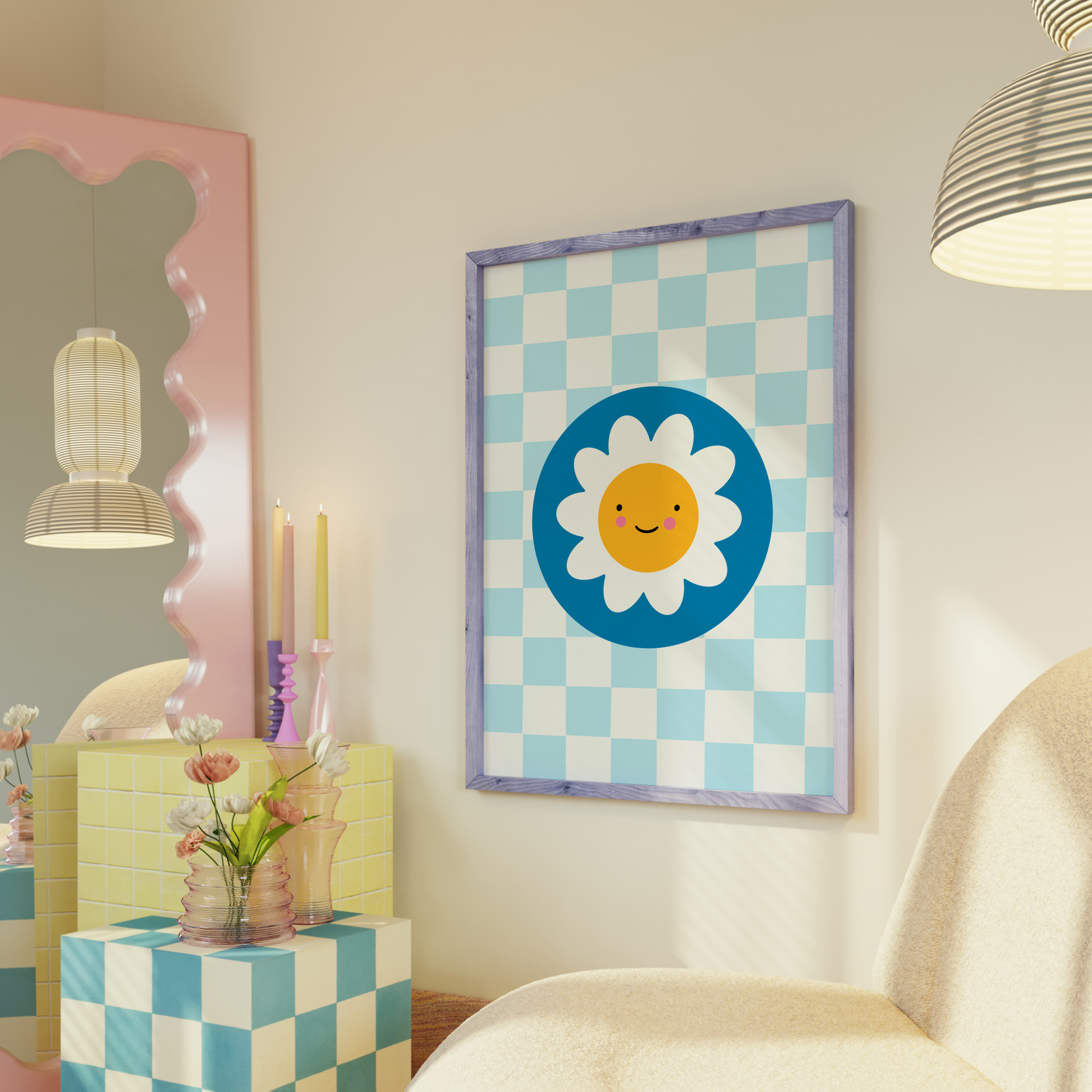 An illustration of a light blue checkerboard print, with a smiling daisy in a dark blue circle, shown in a frame.