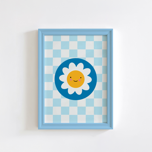 An illustration of a light blue checkerboard print, with a smiling daisy in a dark blue circle, shown in a frame.