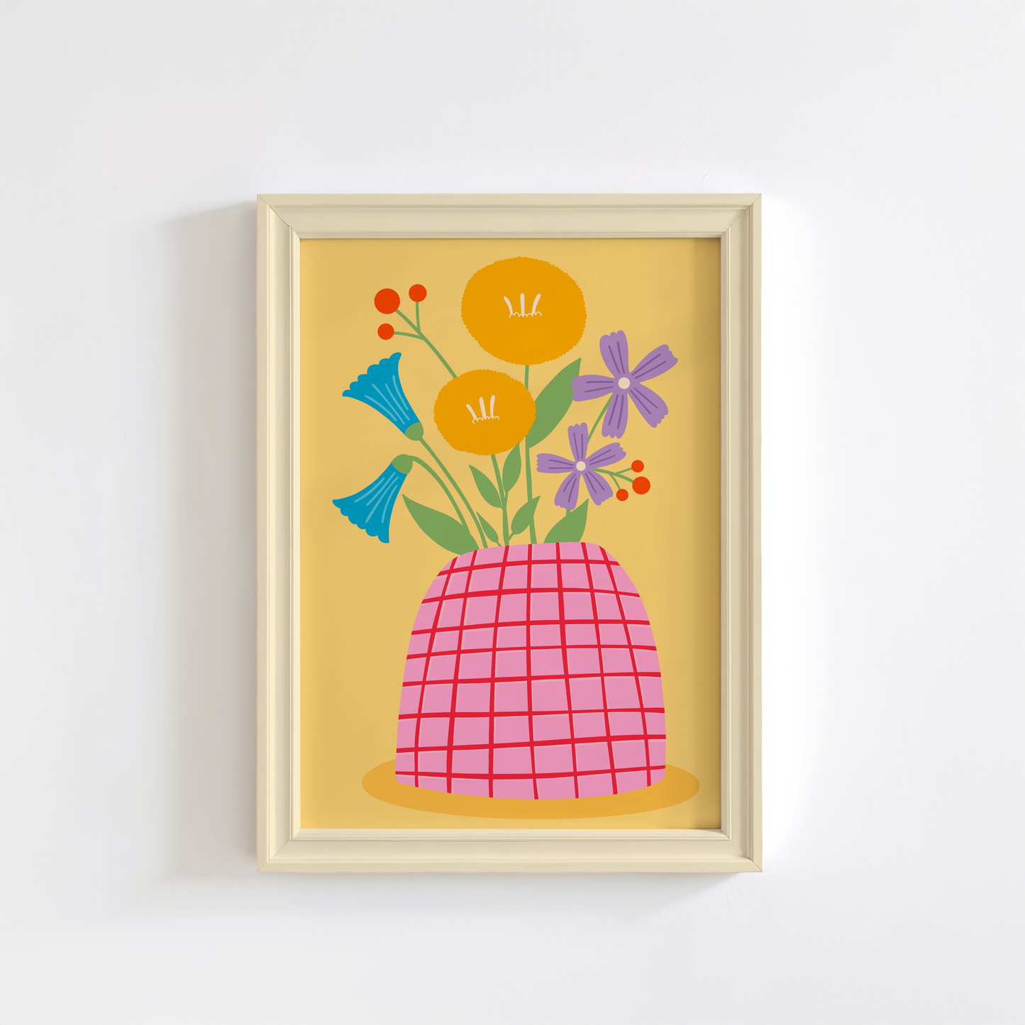 An art print featuring a colourful illustration of flowers in a pink and yellow vase against a yellow background, resembling a spring flowers theme.