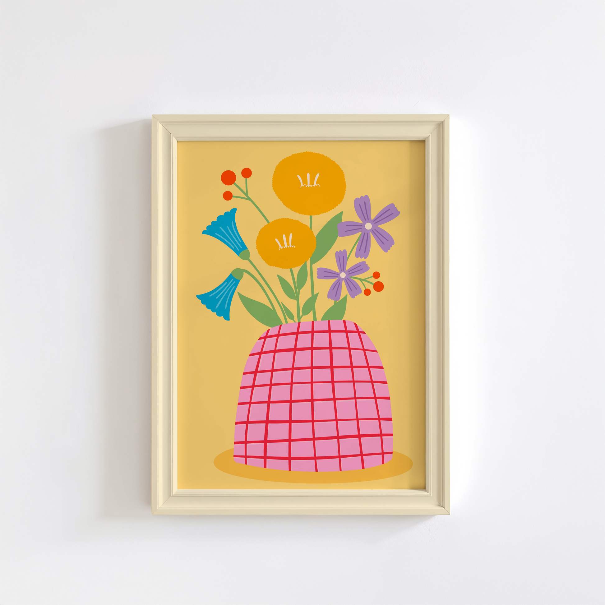 An art print featuring a colourful illustration of flowers in a pink and yellow vase against a yellow background, resembling a spring flowers theme.