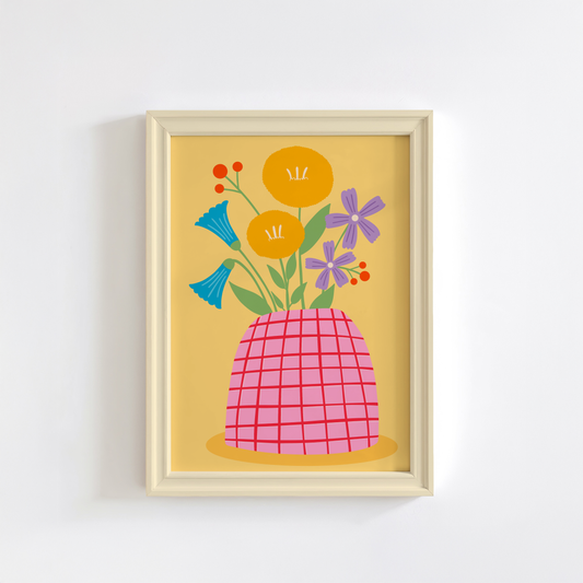 An art print featuring a colourful illustration of flowers in a pink and yellow vase against a yellow background, resembling a spring flowers theme.