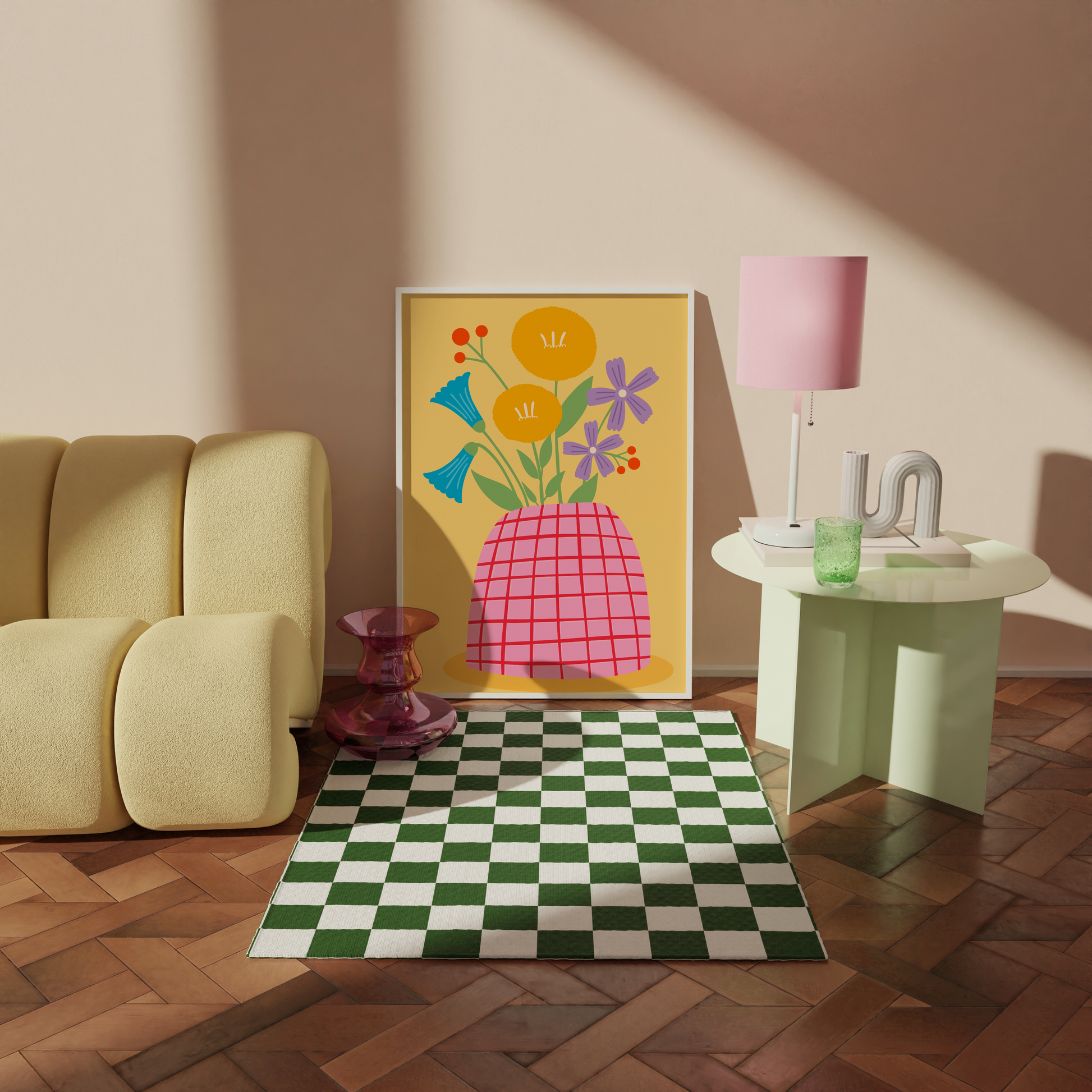 An art print featuring a colourful illustration of flowers in a pink and yellow vase against a yellow background, resembling a spring flowers theme.