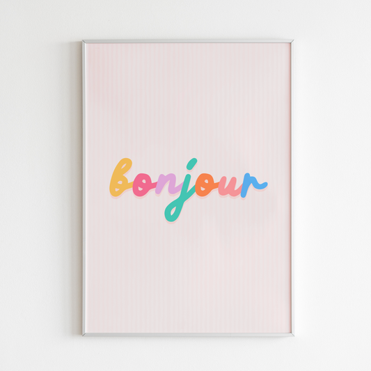 A pale pink striped background with the word 'Bonjour' in the centre, in multi colours. 