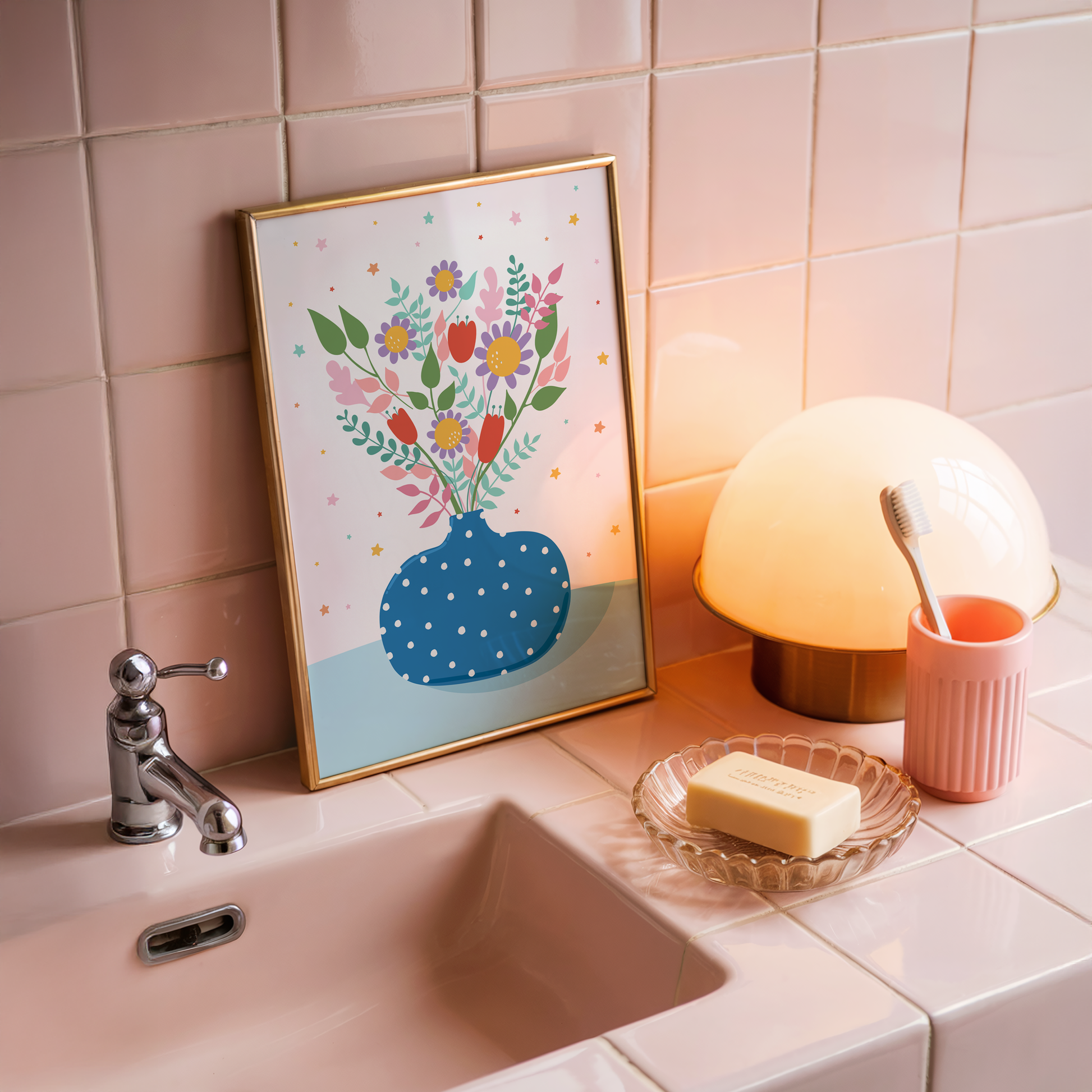 A bright blue print showing a polka dot vase with lots of vibrant hand drawn flowers in it.