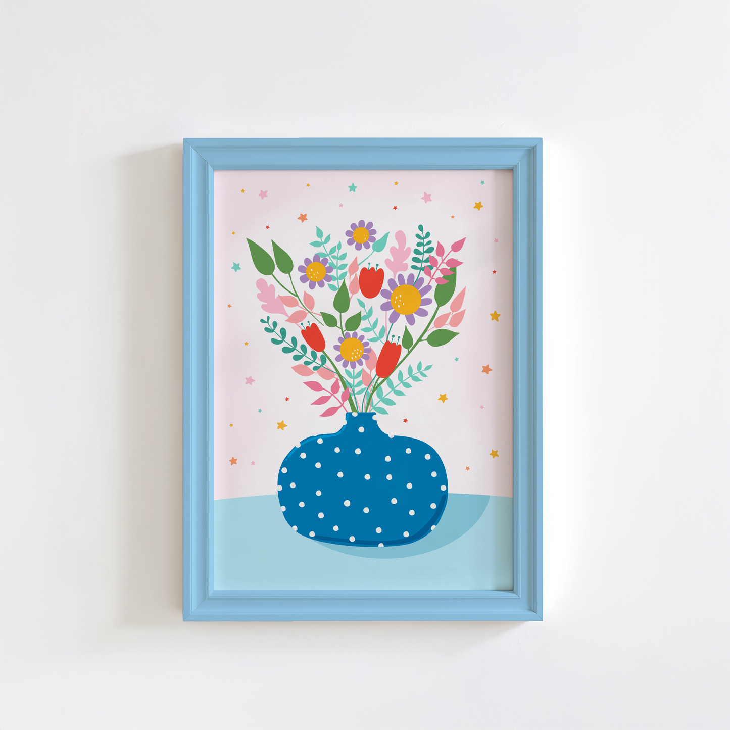 A bright blue print showing a polka dot vase with lots of vibrant hand drawn flowers in it.