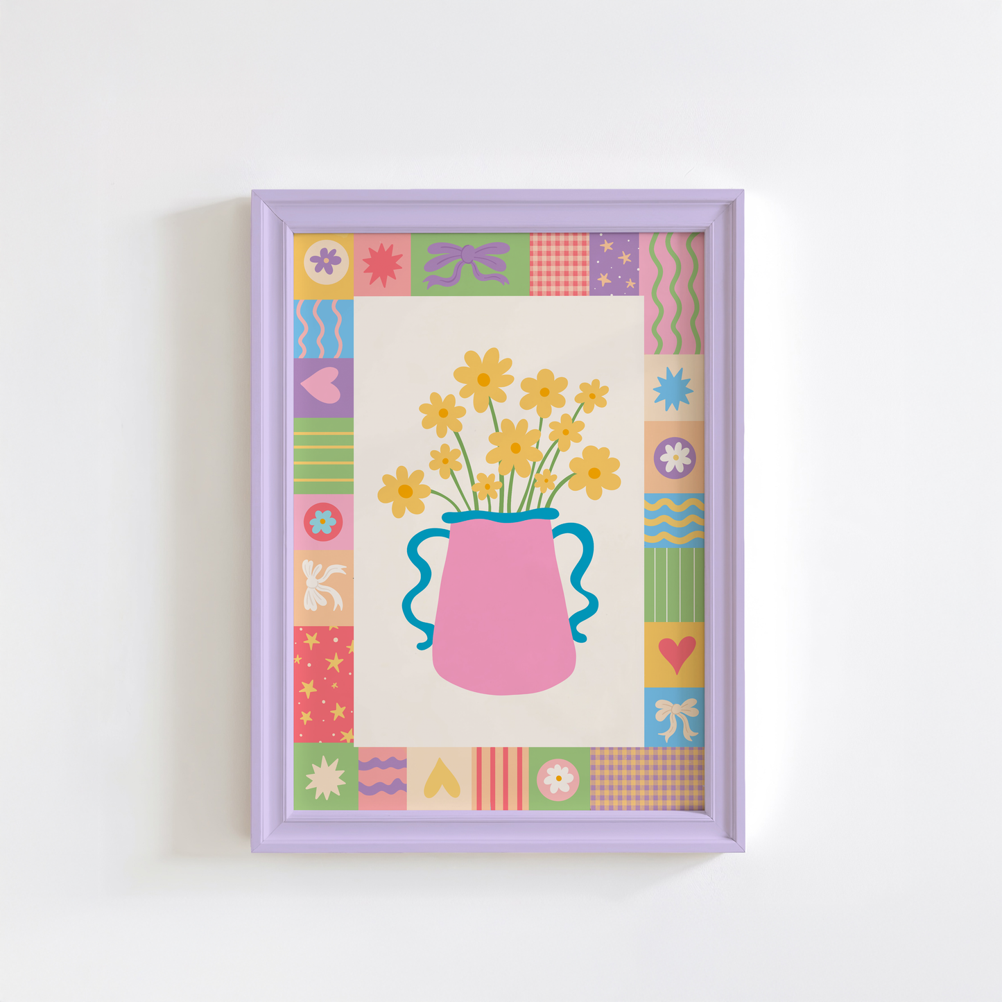 An illustration of a bright pink vase of yellow flowers, surrounded by a colourful patchwork style border with doodles in each square.