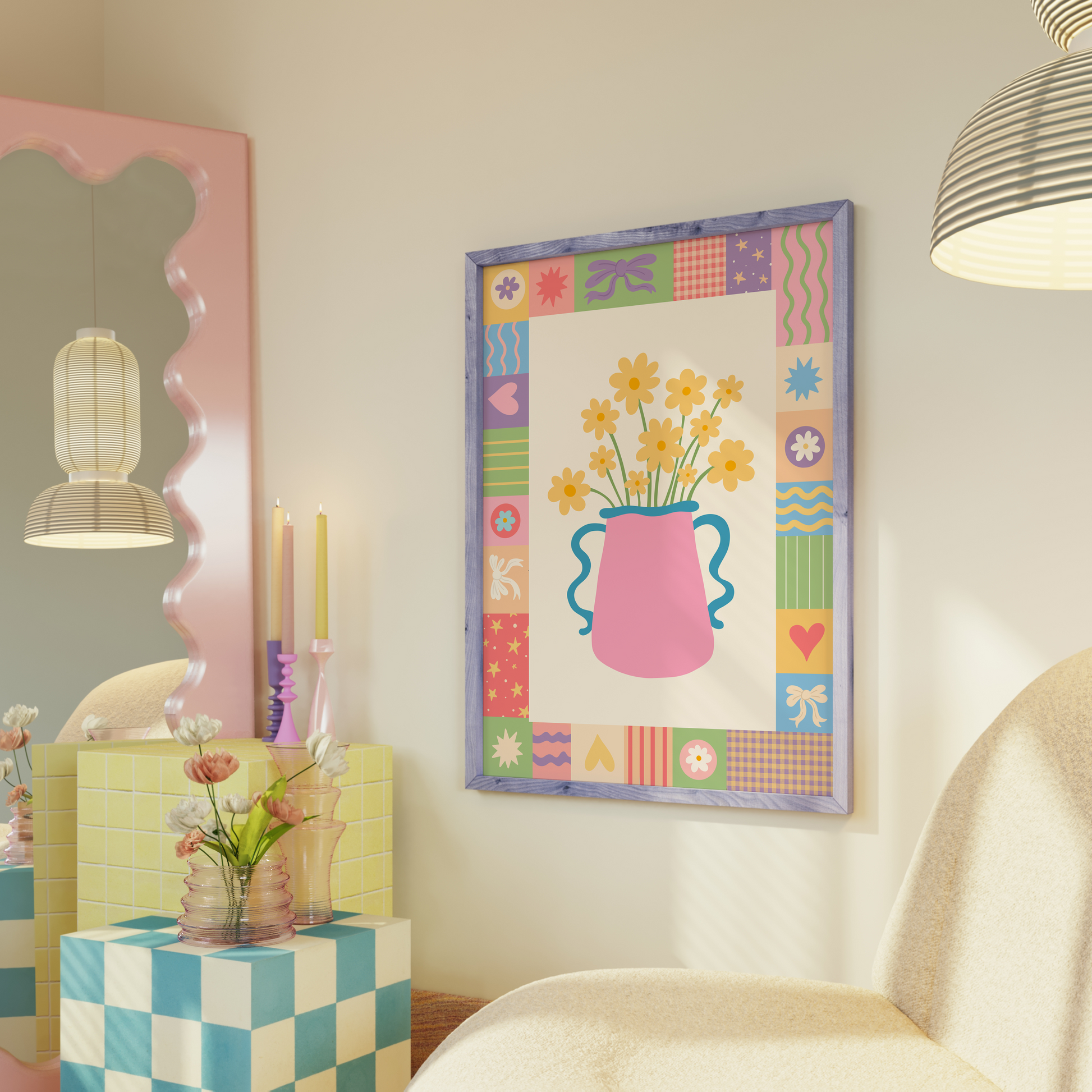 An illustration of a bright pink vase of yellow flowers, surrounded by a colourful patchwork style border with doodles in each square.