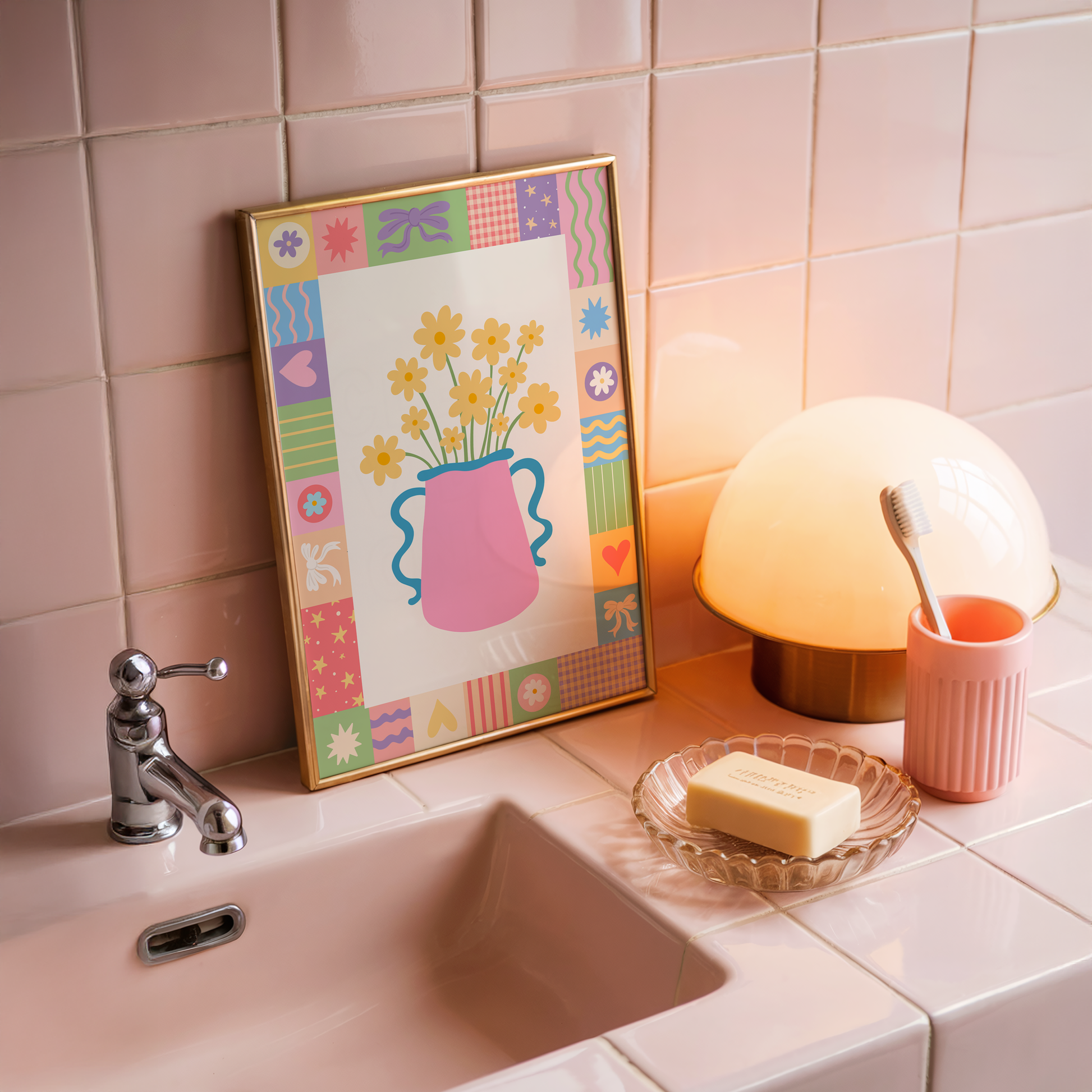 An illustration of a bright pink vase of yellow flowers, surrounded by a colourful patchwork style border with doodles in each square.