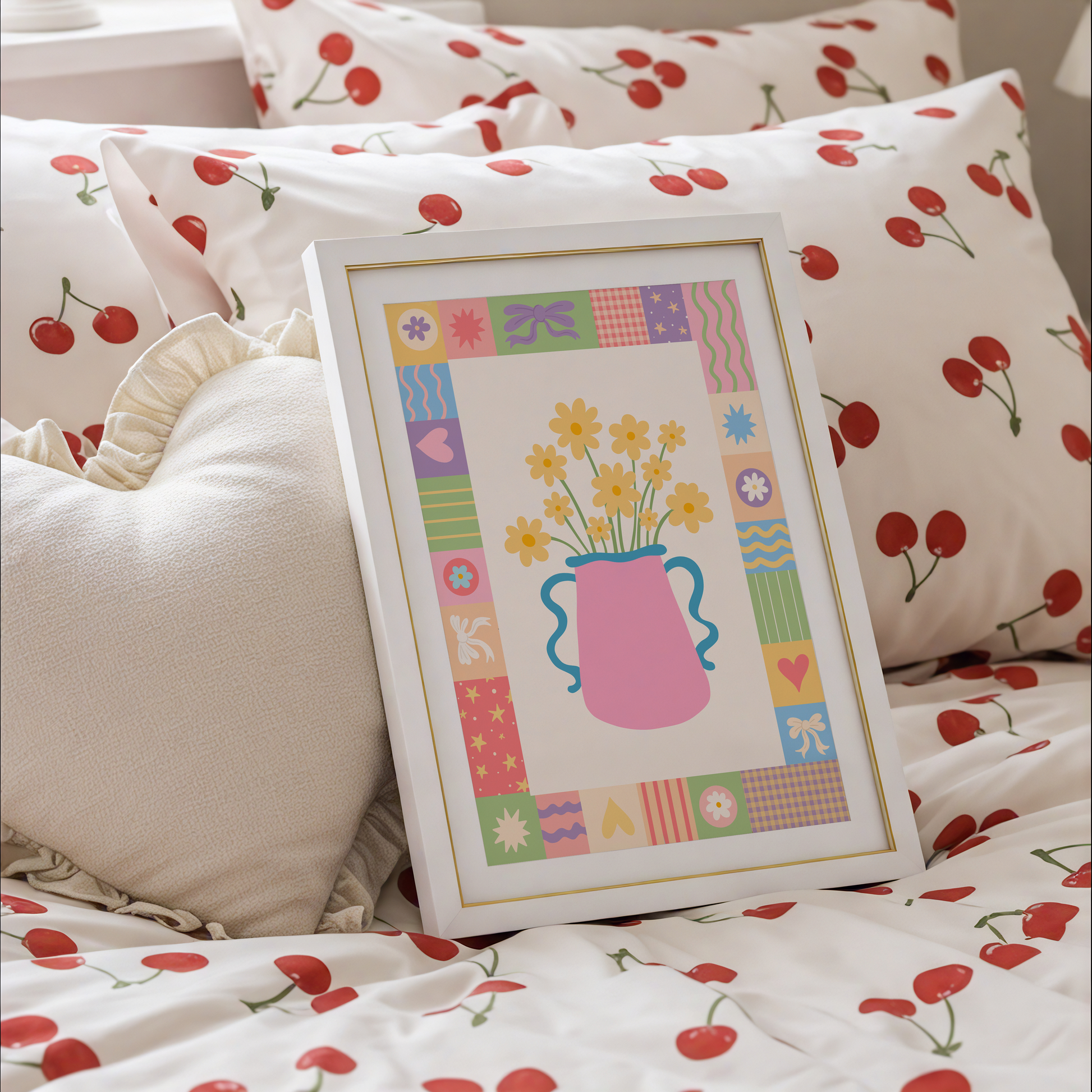 An illustration of a bright pink vase of yellow flowers, surrounded by a colourful patchwork style border with doodles in each square.