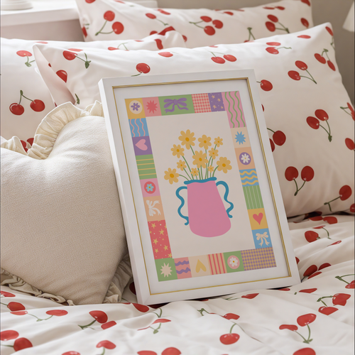 An illustration of a bright pink vase of yellow flowers, surrounded by a colourful patchwork style border with doodles in each square.