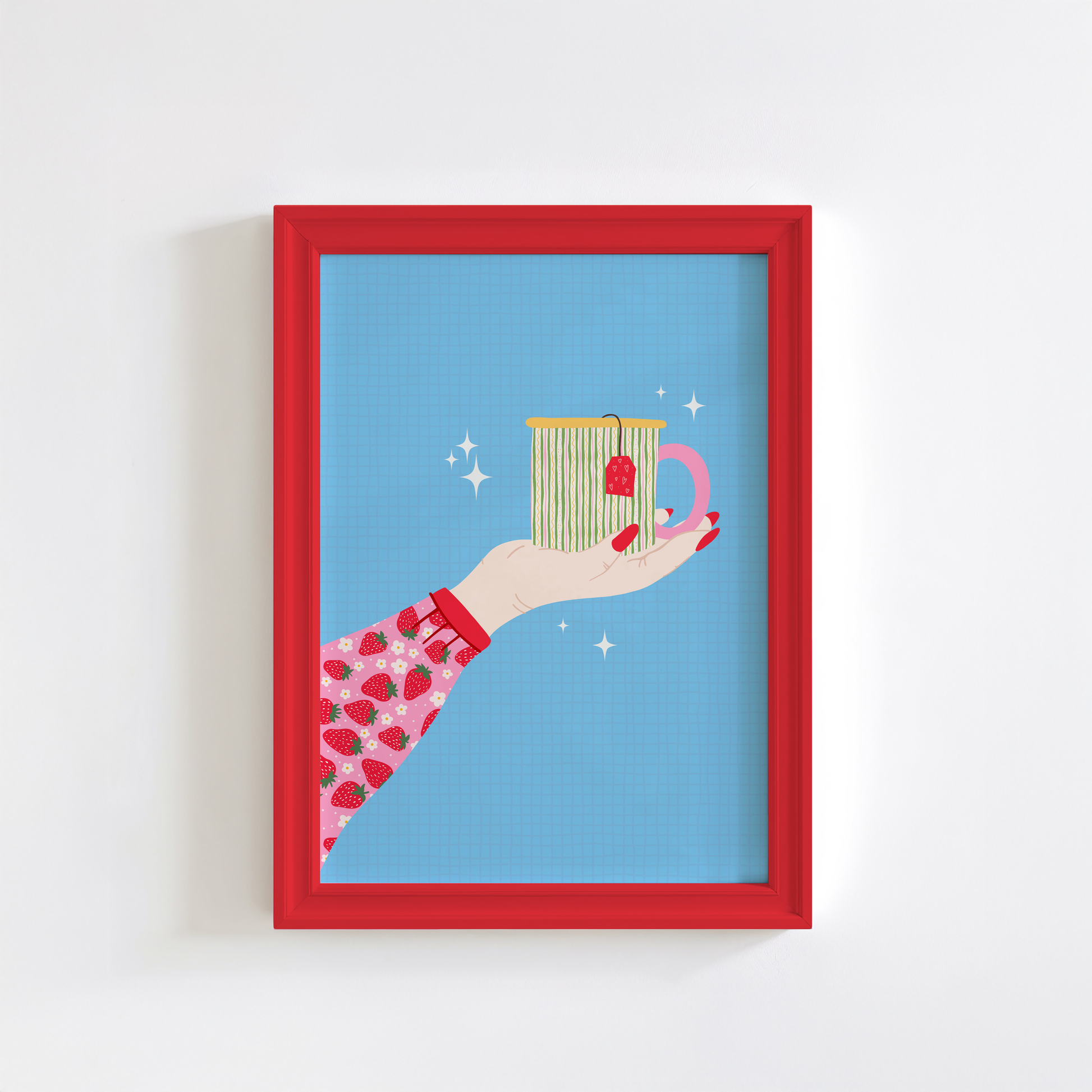 A blue print with an illustration of an arm, wearing a strawberry patterned blouse/top, reaching out into the centre of the frame and holding a brightly coloured mug.
