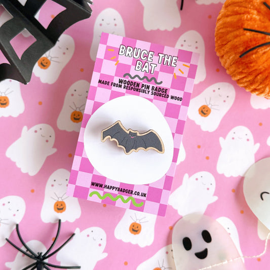 Bruce The Bat - Wooden Eco-Friendly Halloween Pin Badge