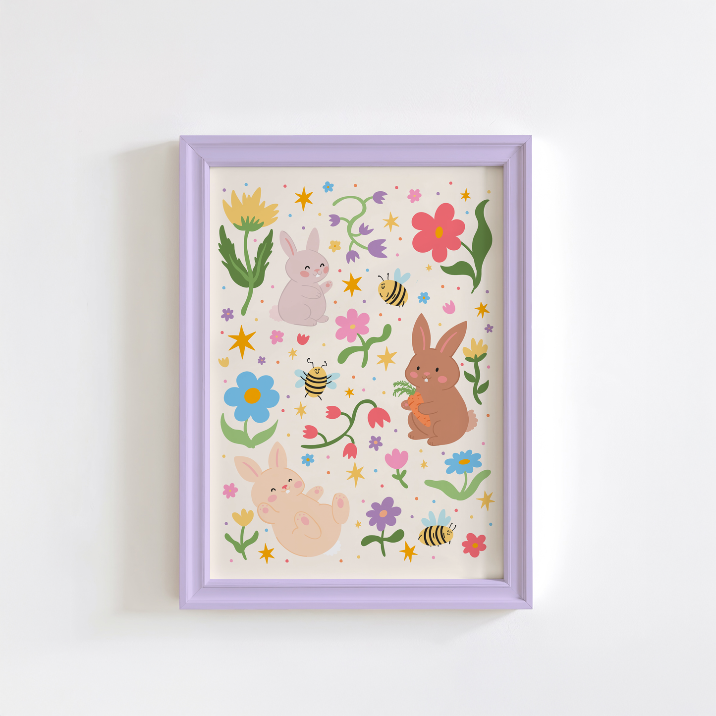 A colourful print with lots of floral doodles and three cute bunny rabbits.