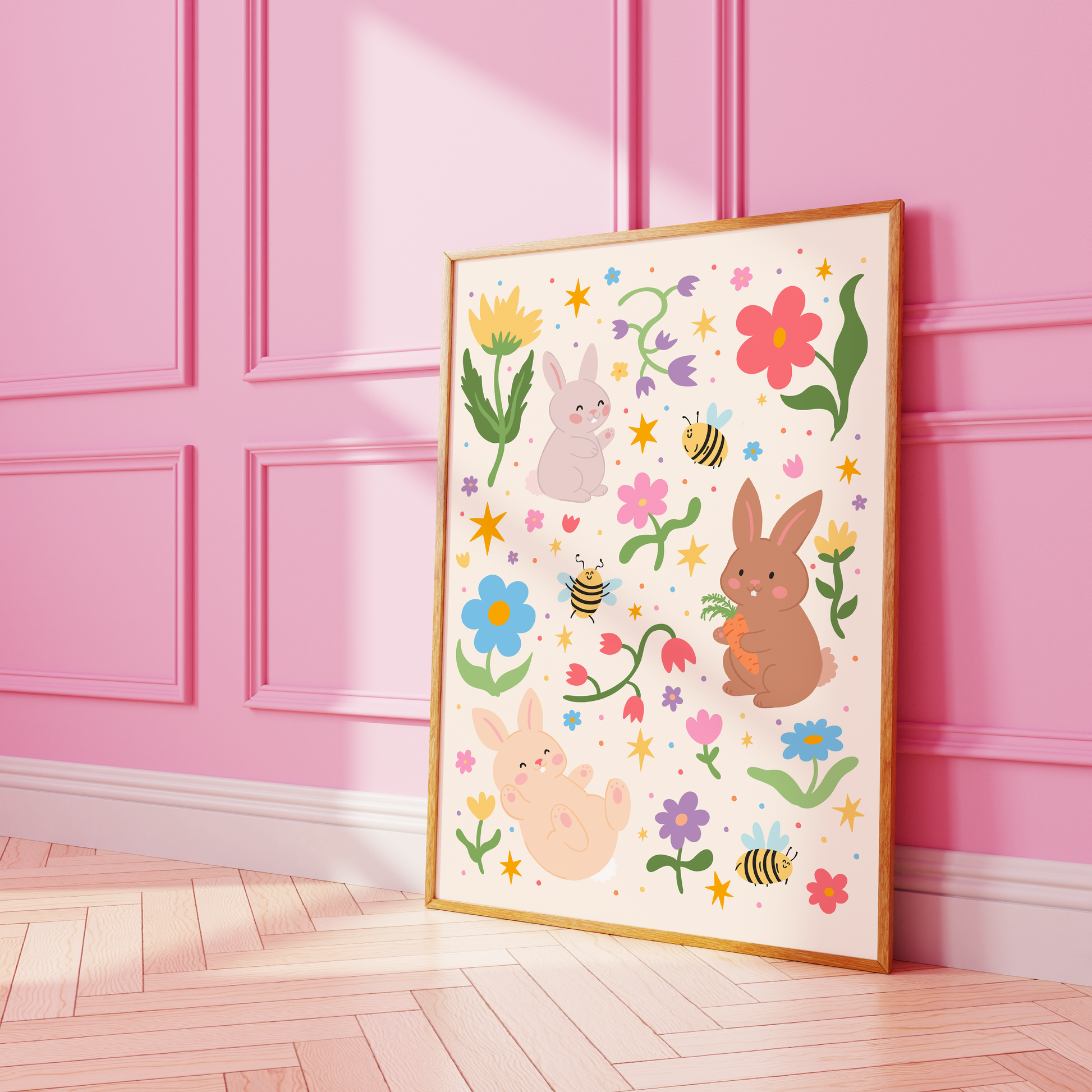 A colourful print with lots of floral doodles and three cute bunny rabbits.