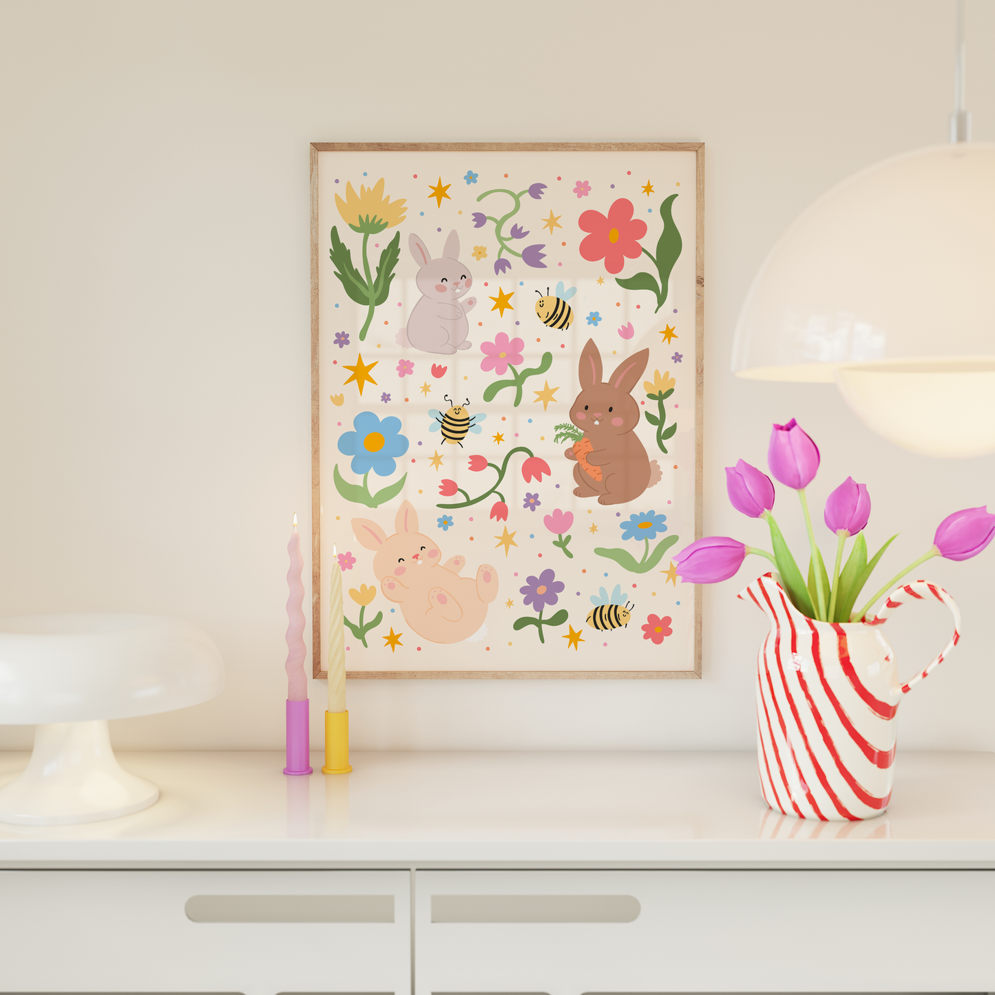 A colourful print with lots of floral doodles and three cute bunny rabbits.