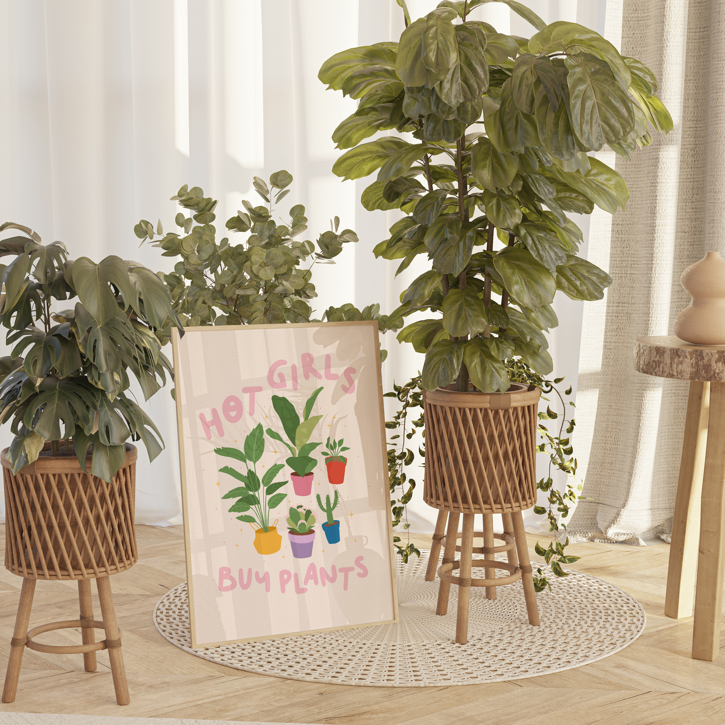 Four illustrations of potted house plants, surrounded by the words hot girls buy plants in pink text.