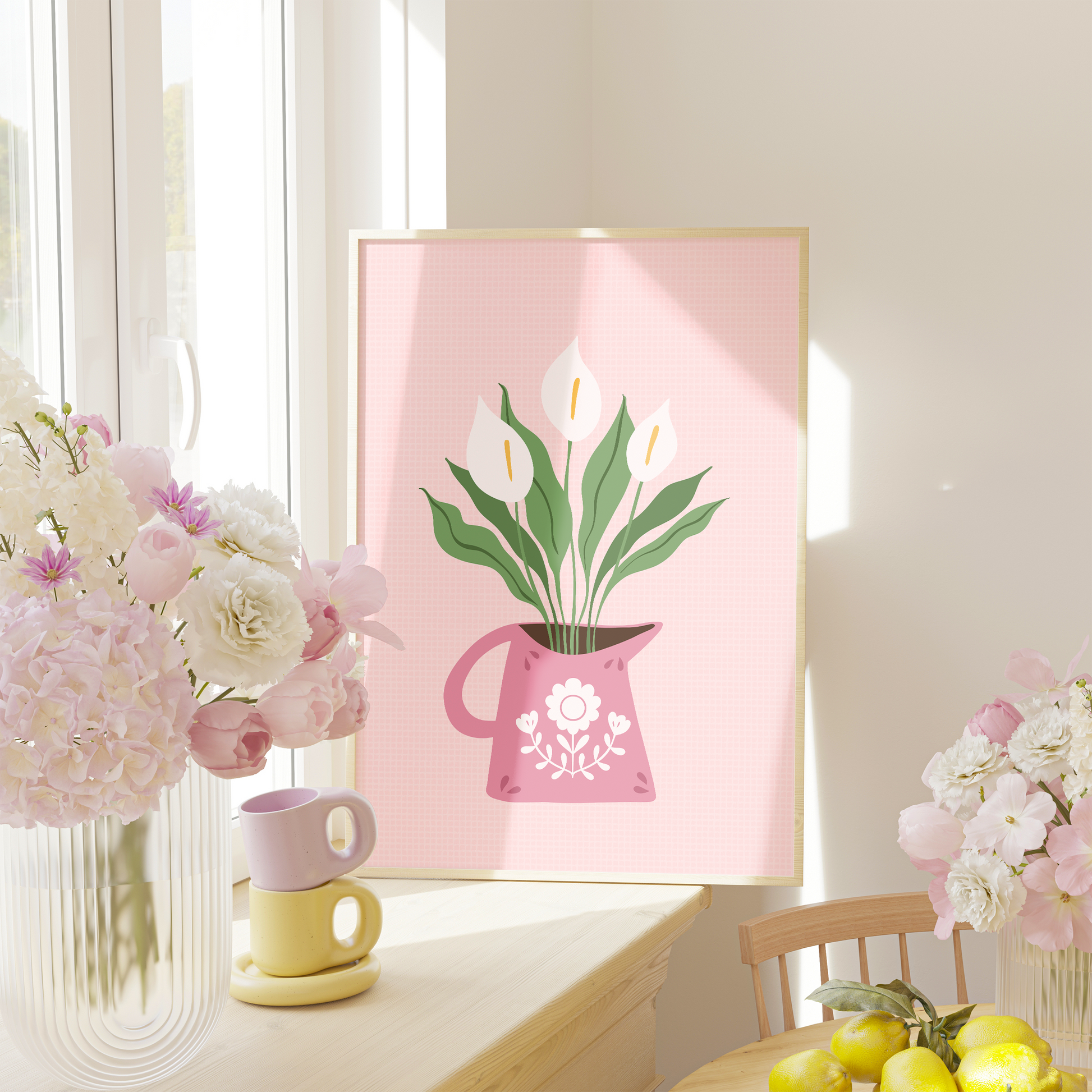 An illustration of a bright pink vase, filled with calla Lillies, on a night pink background.