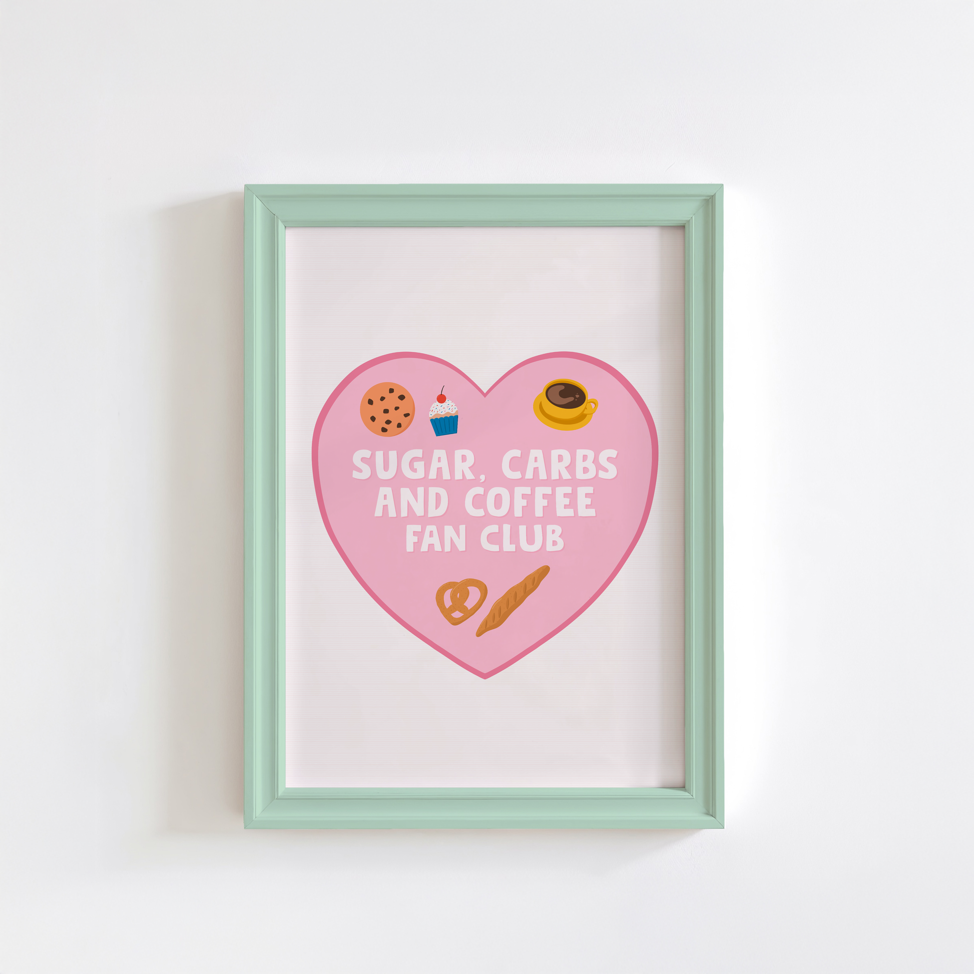 An illustration of a pink heart, with the words 'Sugar, carbs and coffee fan club' inside, with small illustrations of related items.