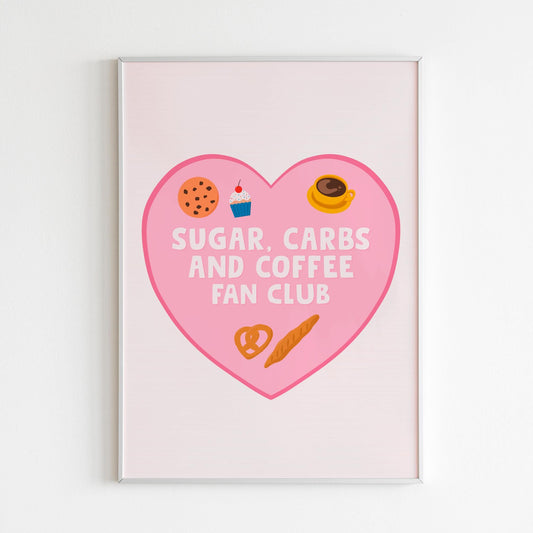 An illustration of a pink heart, with the words 'Sugar, carbs and coffee fan club' inside, with small illustrations of related items.