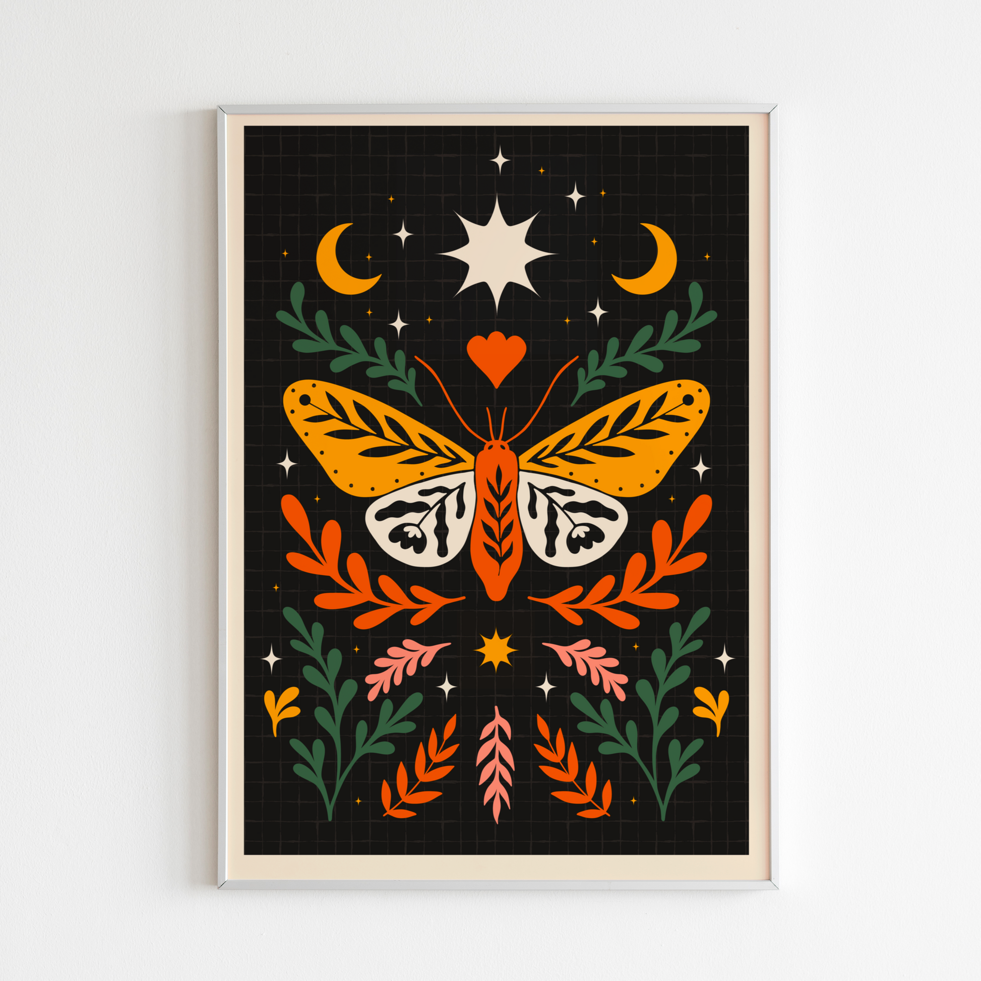 Framed artwork with a colorful butterfly design on a black background