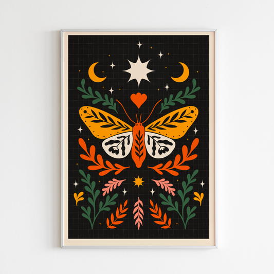 Framed artwork with a colorful butterfly design on a black background