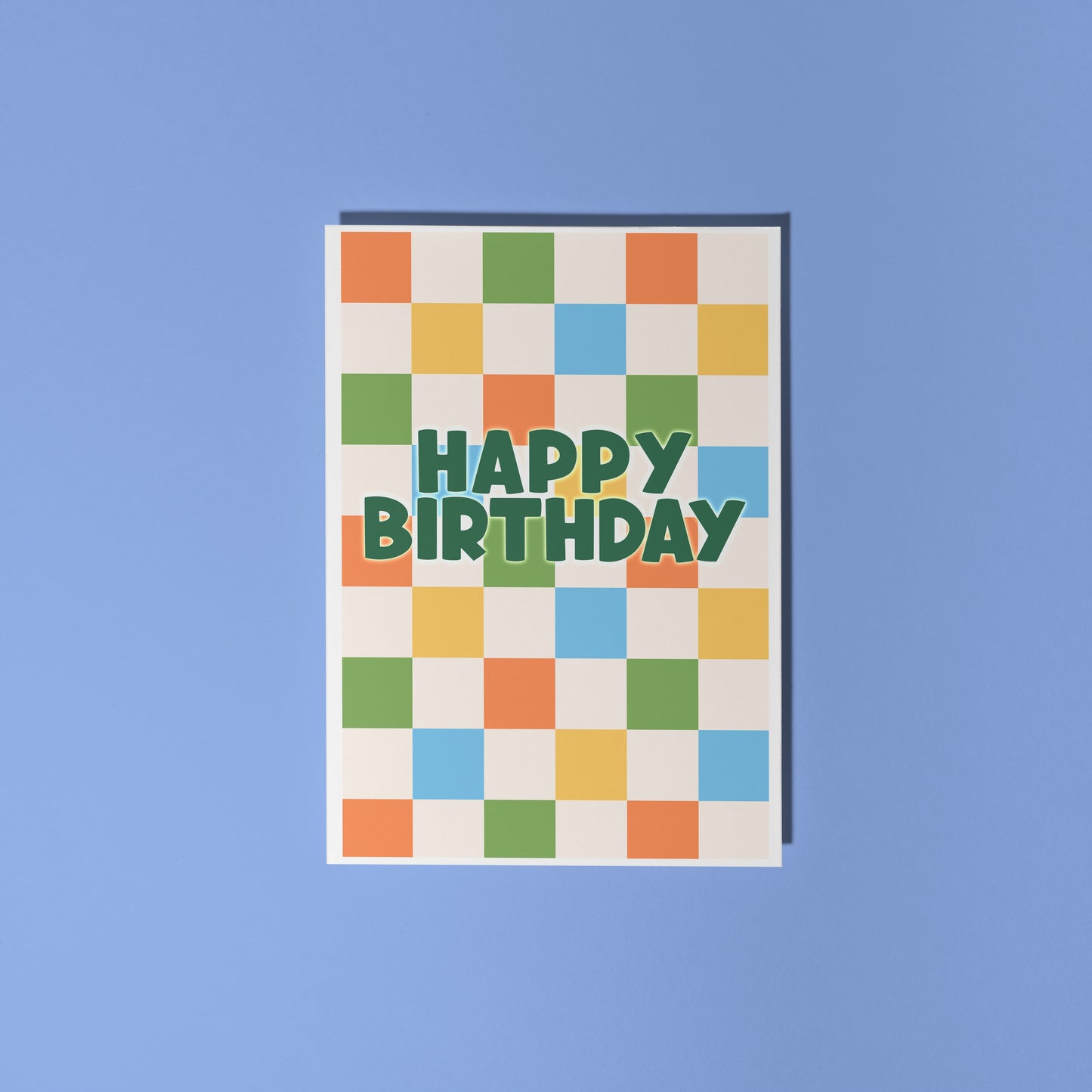 Happy Birthday card with a colourful checkered background. 