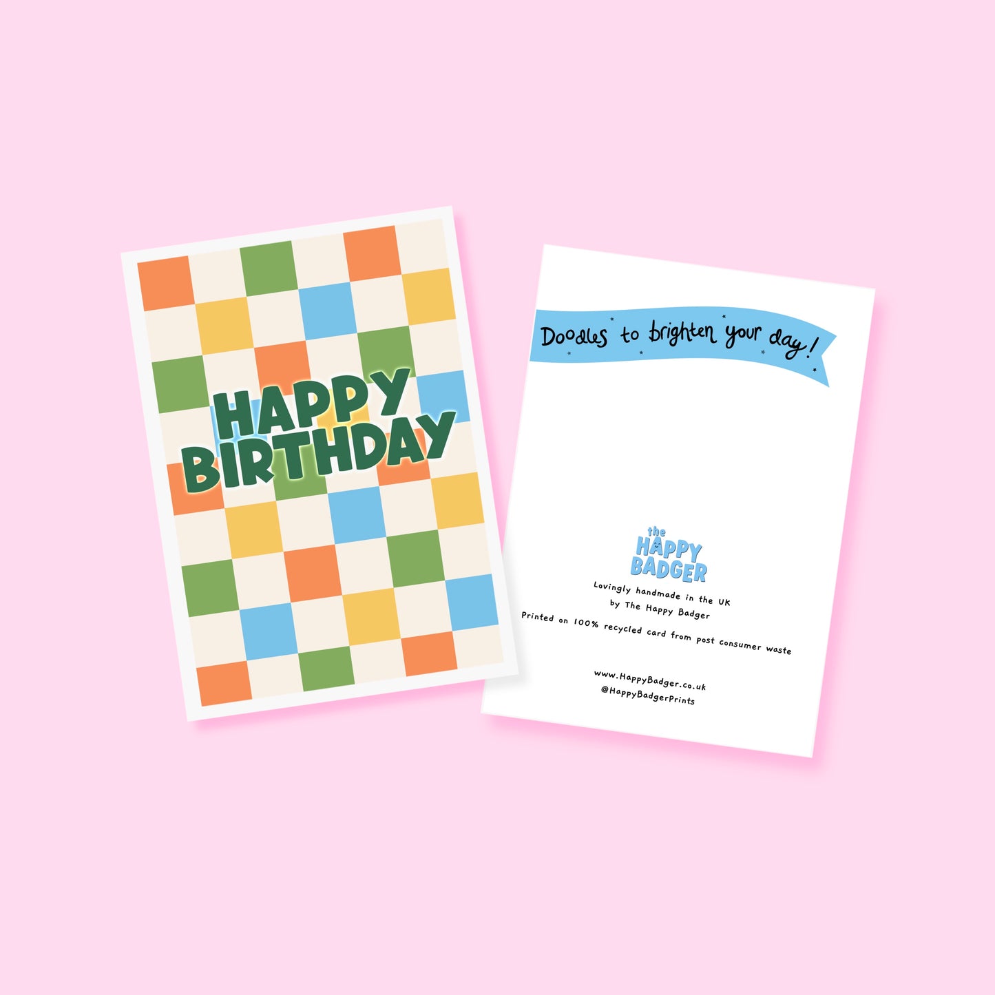 Happy Birthday card with a colourful checkered background. 