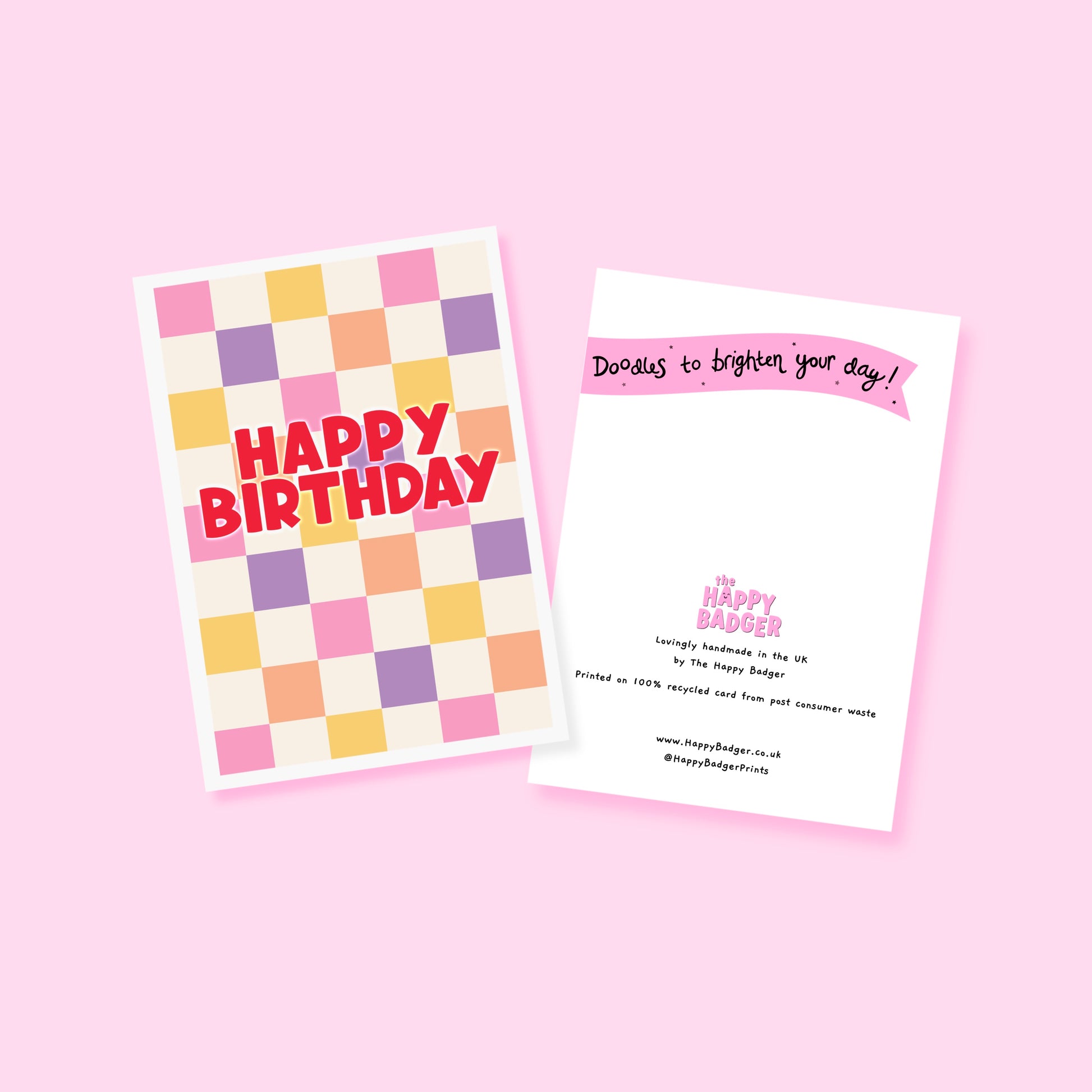 Happy Birthday card with a colourful checkered background. 
