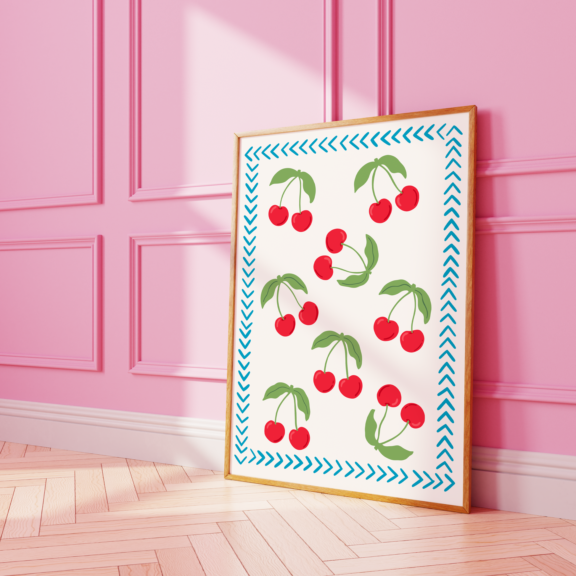 A print with eight cherry illustrations with a hand drawn blue chevron border, on a white background.