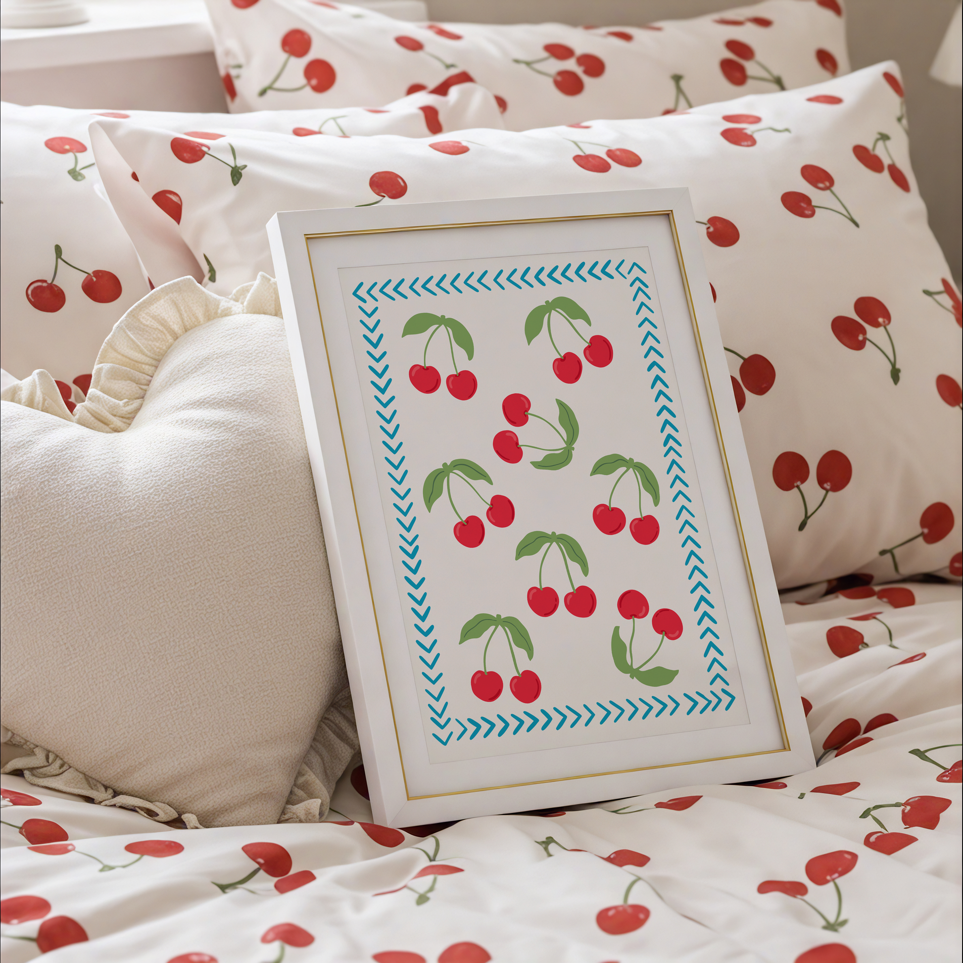 A print with eight cherry illustrations with a hand drawn blue chevron border, on a white background.