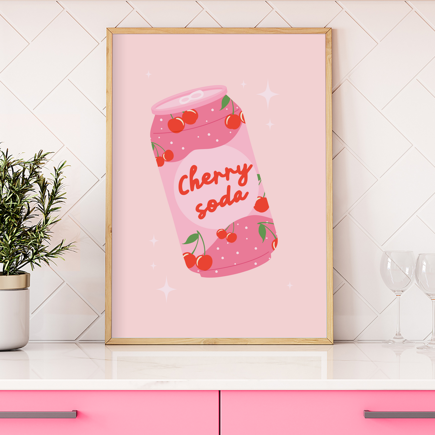 A pink print showing an illustration of a can of cherry soda, in a quirky kawaii style.