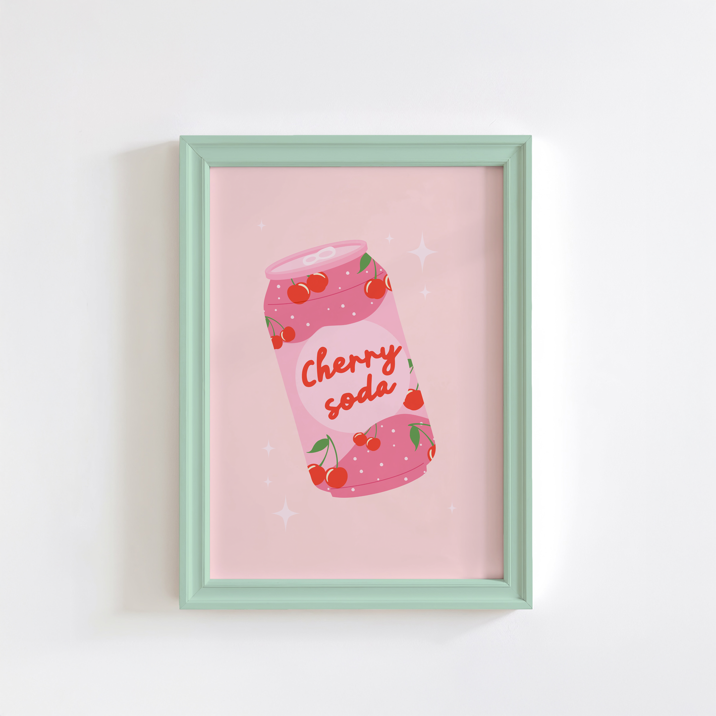 A pink print showing an illustration of a can of cherry soda, in a quirky kawaii style.