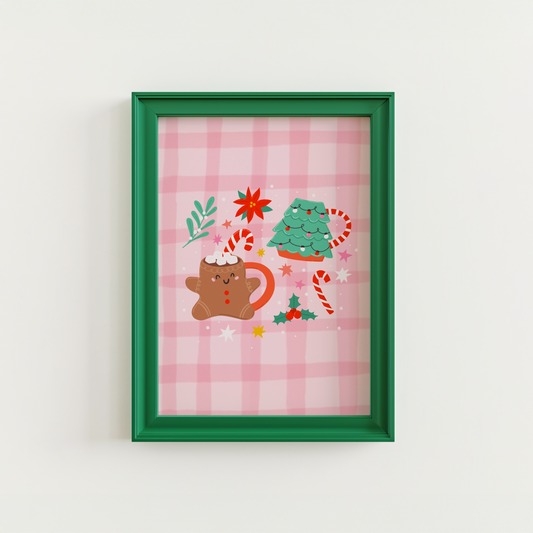 An illustrated Christmas print featuring two Christmas mugs - one a gingerbread person, and one a Christmas tree shaped mug. The mugs are surrounded by Christmas themed doodles.