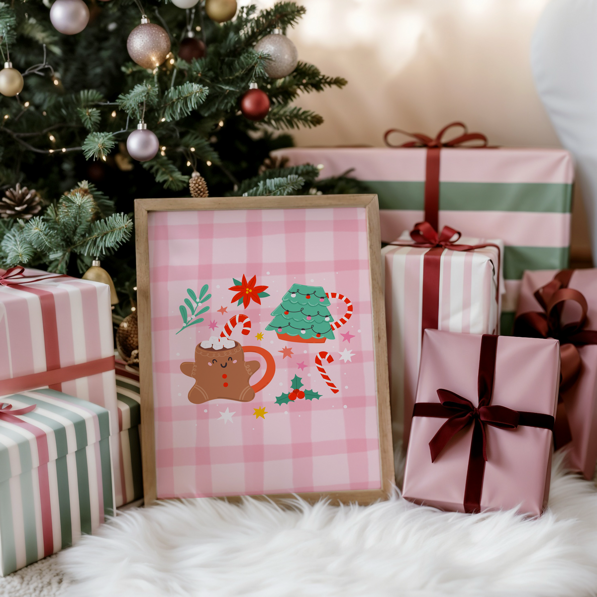 An illustrated Christmas print featuring two Christmas mugs - one a gingerbread person, and one a Christmas tree shaped mug. The mugs are surrounded by Christmas themed doodles.